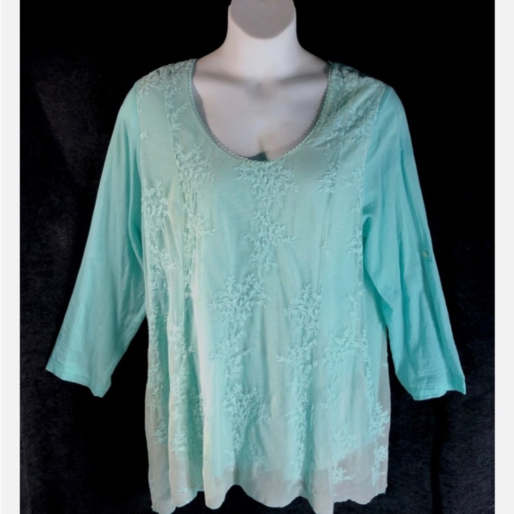 Soft Surroundings Top womens 1X Embroidered Nylon Mesh Overlay Tunic Turquoise